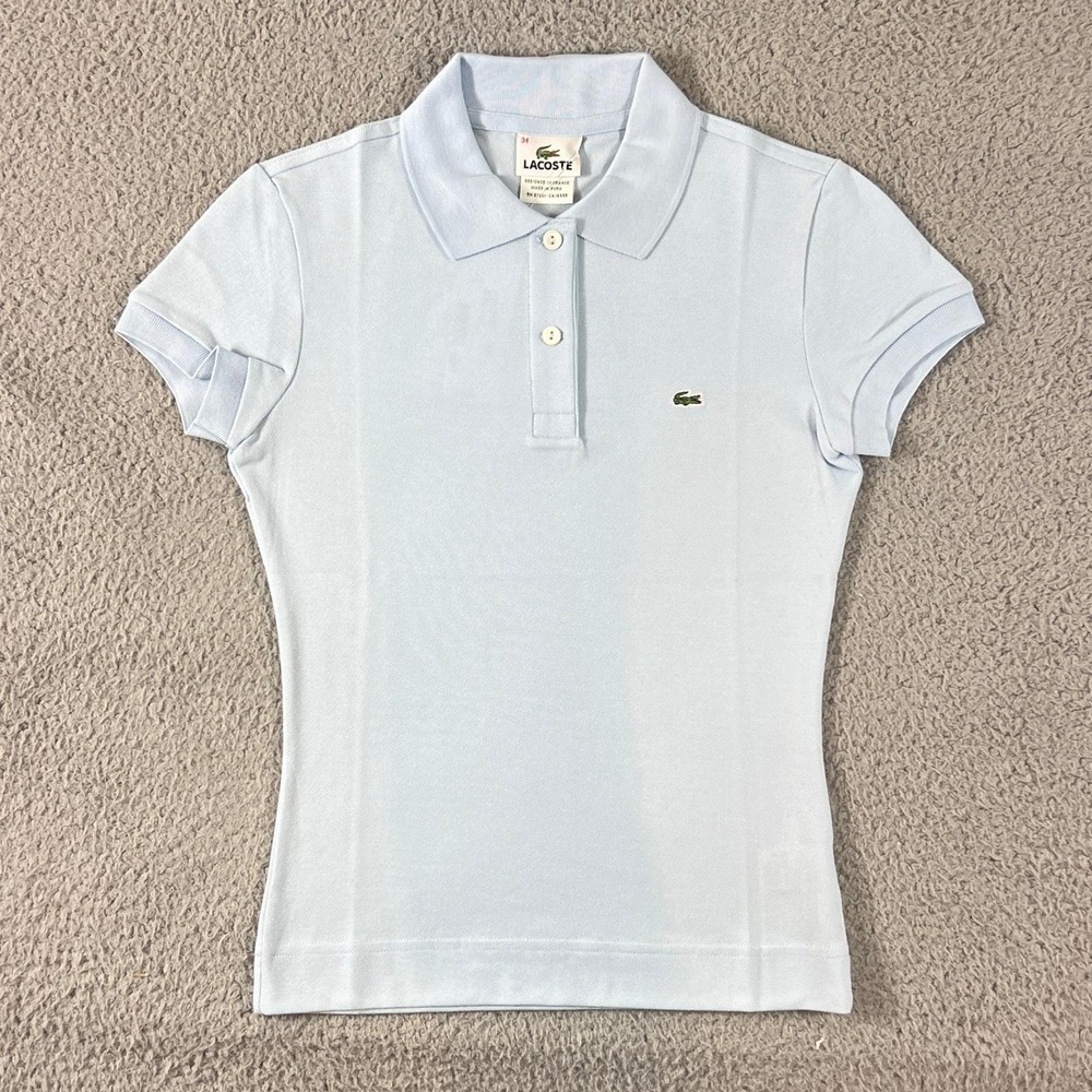 Lacoste Polo Shirt Women US Sise S (EU/2) Light Blue Pique Stretch Short Sleeve - Picture 1 of 11